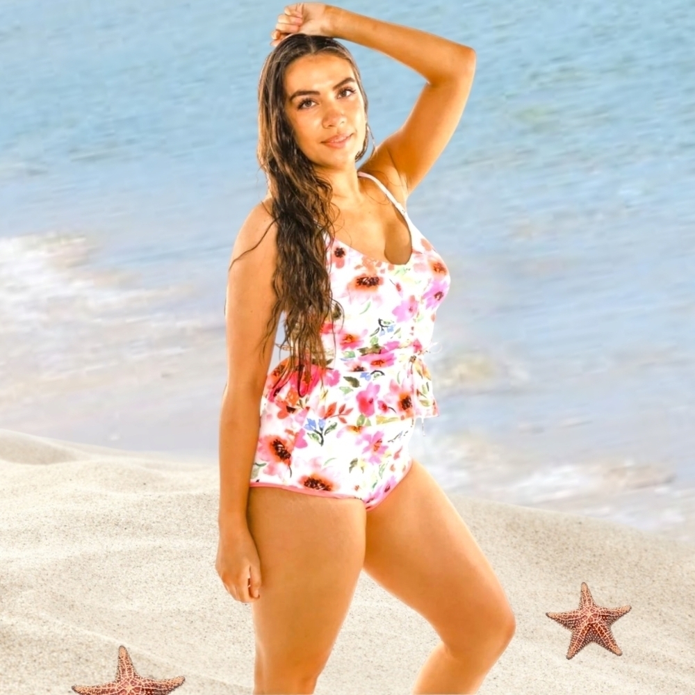 Coral Reef Phi Phi Floral Tankini Top & Bali Reversible Bottoms Swimsuit - Sz M